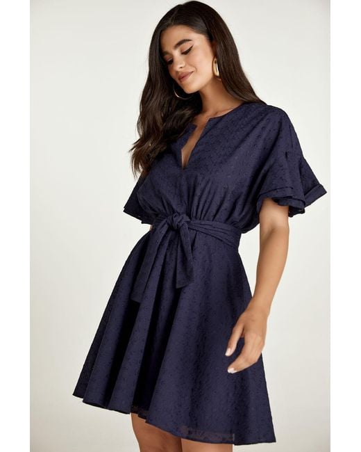 Conquista Blue Dark Embroidered Dress With Ruffle Sleeves