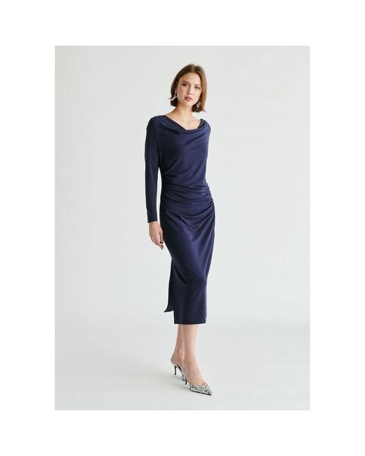 Paisie Blue Ruched Jersey Dress With Draped Neck