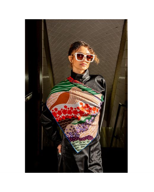Jessie Zhao New York Green Rose Double Sided Wool Silk Scarf Of Floral Mountain