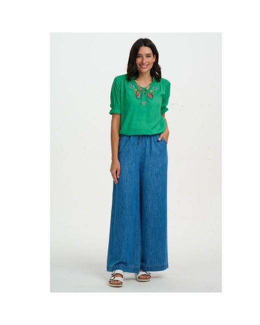 Sugarhill Green Angelique Shirred Top, Parrots Embroidery