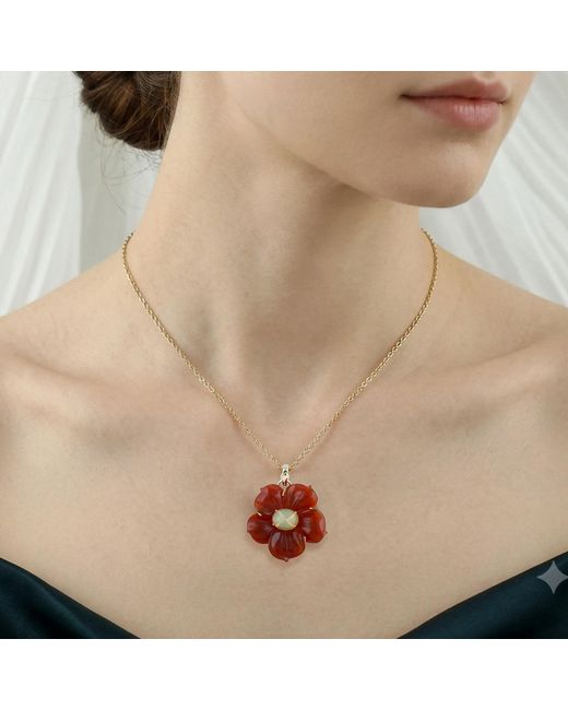 Artisan Red 14K Carved Onyx & Ethiopian Opal Flower Pendant