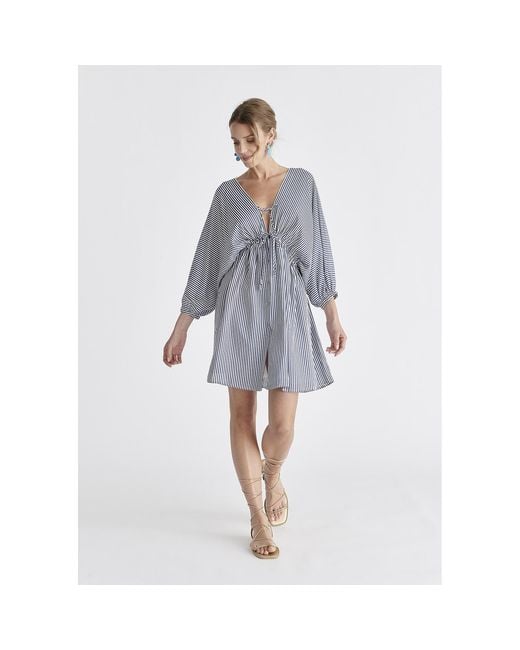 Paisie Blue V-Neck Balloon Sleeve Dress