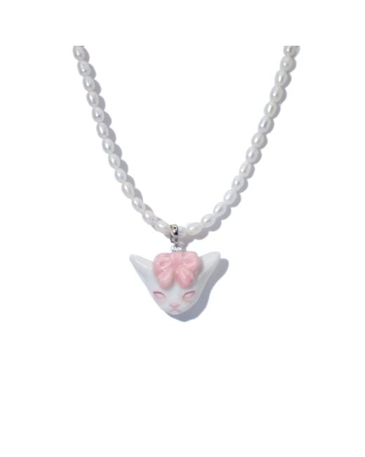 H2 Studio Metallic Angry Puss Bowtie Freshwater Pearl Necklace