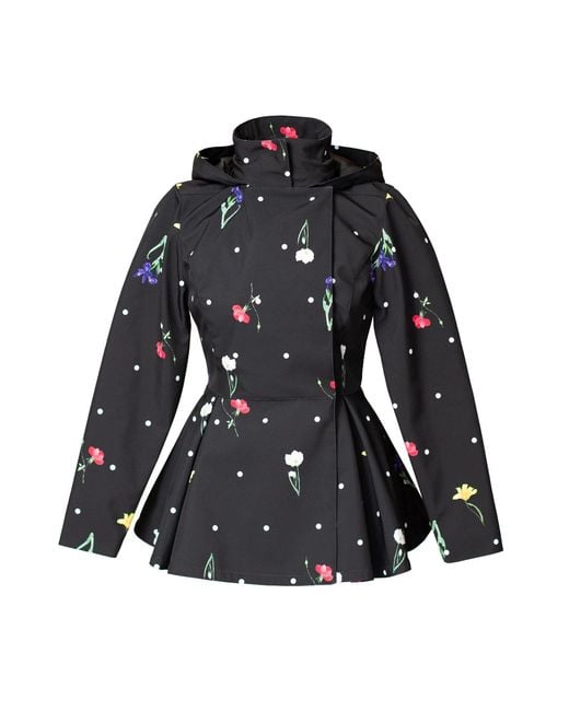 RainSisters Black Jacket With Detachable Hood And Flower Print: Cosmic Meadow
