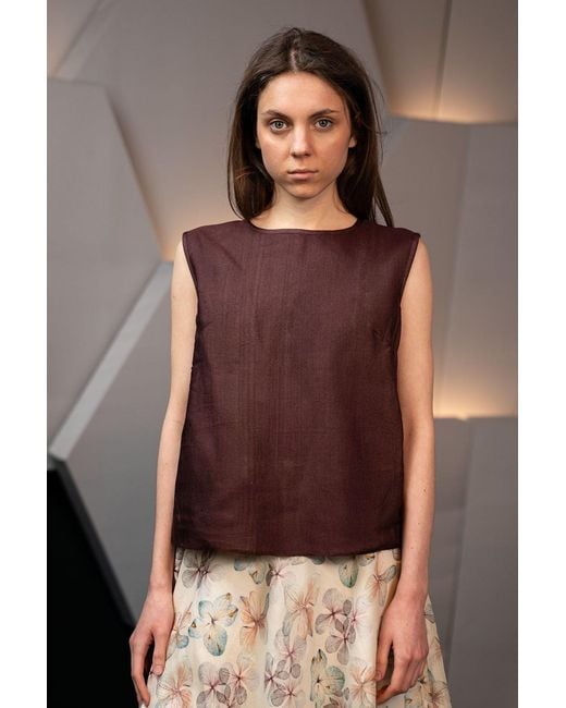 Stovaria Brown Chocolate Handwoven Cotton Silk Structured Sleeveless Top