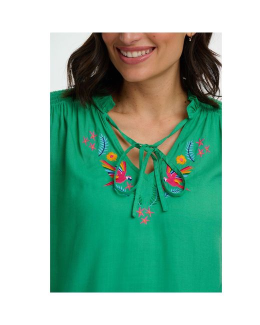 Sugarhill Green Angelique Shirred Top, Parrots Embroidery