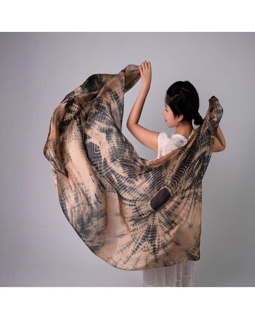 Silk and Bears Metallic Natural Sand & Charcoal Burst Habotai Silk Scarf – Hand-Dyed Mulberry Silk