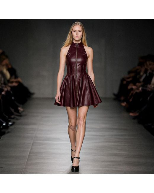 Kargede Purple Pleated Burgundy Leather Mini Dress – Evening Zip Up With High Neck & Designer Faux
