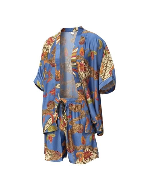 ORIGIN OF HEARTS Blue Simba Resort Satin Kimono Co-Ord Set for men