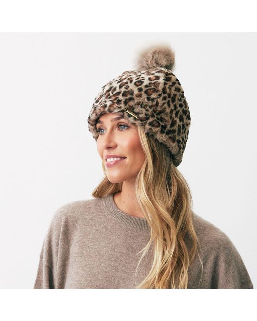 Owen Barry Brown Sheepskin Pull On Beanie Pom Pom Leopard Joni