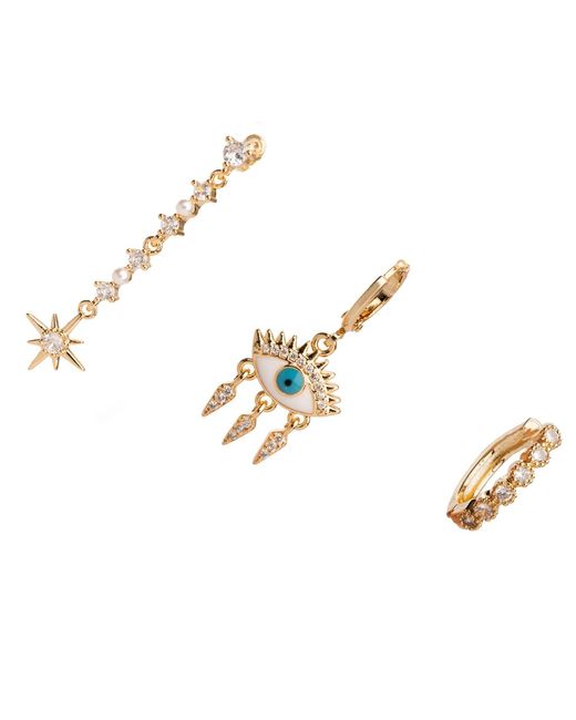 Ebru Jewelry Metallic Guidance Star Evil Eye & Diamond Hoop Protection Trio Earring Set