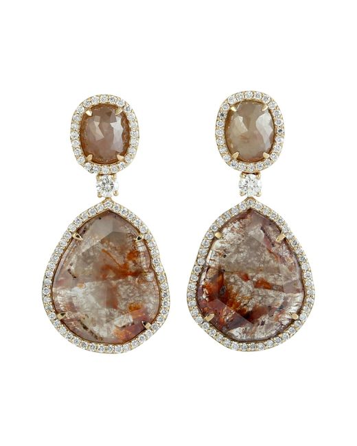 Artisan Brown Natural Ice Diamond & Slice Diamond In 18k White Gold Designer Dangle Earrings