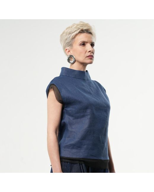 Metamorph Blue Turtleneck Linen Top