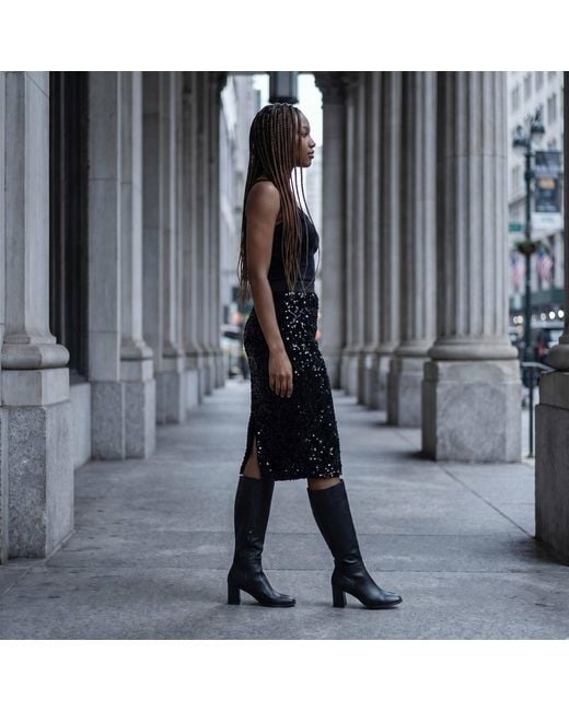 Modenaire Black Sequin Midi Skirt With High Waist And Slim Pencil Silhouette