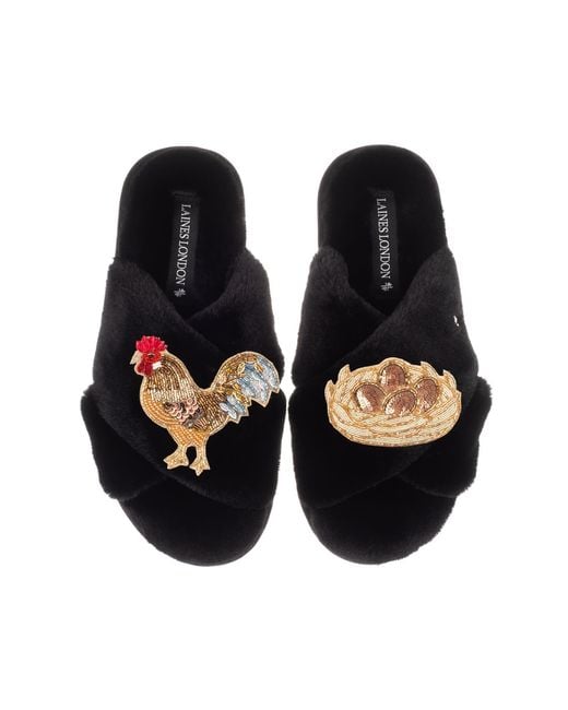 Laines London Black Classic Laines Slippers With Rooster & Nest Of Eggs Brooches