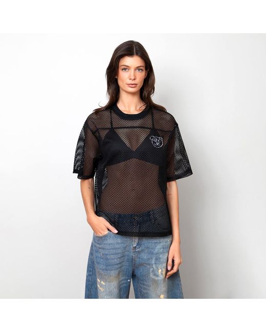 X Ilona Blue Black Graffiti Teddy Bear Sheer Mesh T Shirt