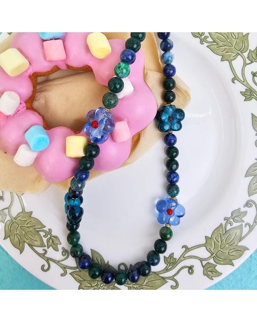 Farra Blue Phoenix Lapis Gemstone With Flowers Phone Semiprecious Stone Strap