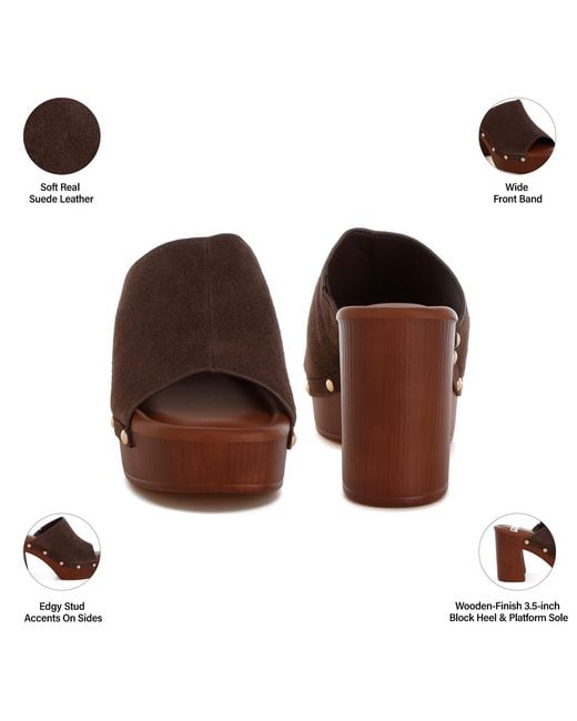 Rag & Co Brown Masaki Soft Suede Leather Wooden Clogs