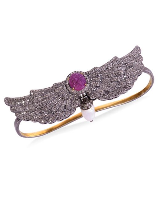Artisan Purple 18k Gold 925 Silver With Carved Ruby & Pearl Pave Diamond Angel Wing Palm Bracelet