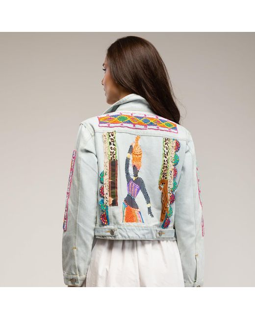 Tantra Spain Sl Blue Denim Jacket With Embroidered African Design And Sequins