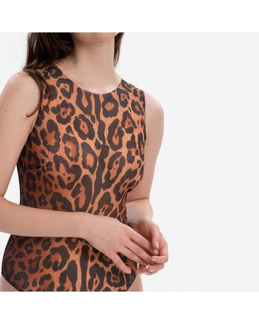 Rodasoleil Smart Swimwear Brown Tan-Through Mesh One-Piece Sleeveless Swimsuit Leopard