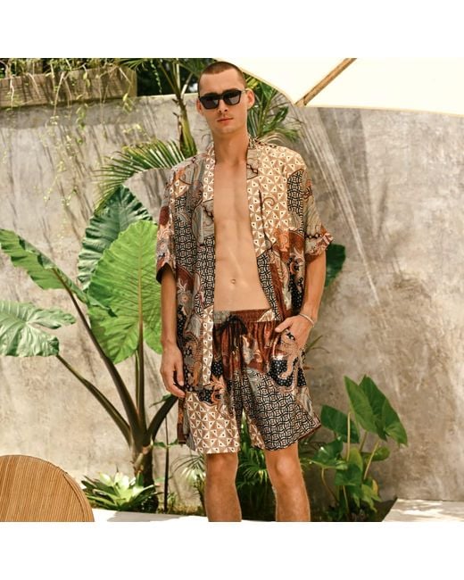ORIGIN OF HEARTS Brown Neutrals Enari Relaxed-Fit Satin Kimono Shirt for men