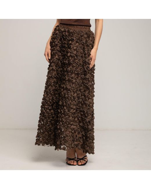 Tantra Spain Sl Brown Long A-Line Organza Floral Skirt With Elastic Waistband