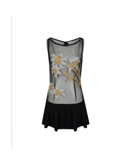 Oceanus Black Ines Frilled Floral Powermesh Viscose Mini Dress