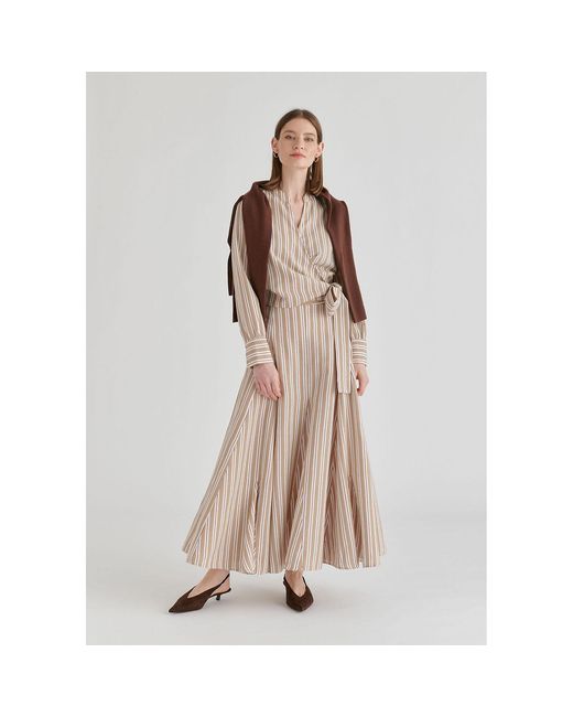 Paisie Natural Neutrals Striped Flared Maxi Skirt With Godet Paneling