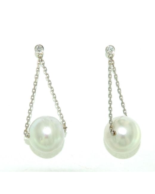 Artisan Green 18k Gold With Bezel Set Diamond & Pearl Ball Chain Loop Dangle Earrings