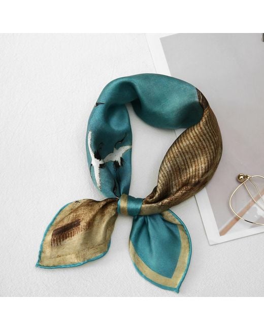 Soft Strokes Silk Blue Pure Silk Scarf Ink & Colour By Zhao Ji Auspicious Crane Small