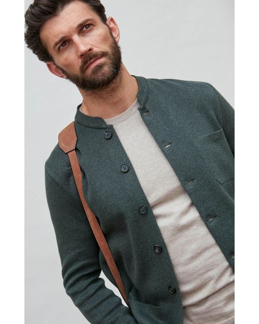 Paul James Knitwear Green Midweight Cotton Jaipurr Knitted Nehru Jacket for men
