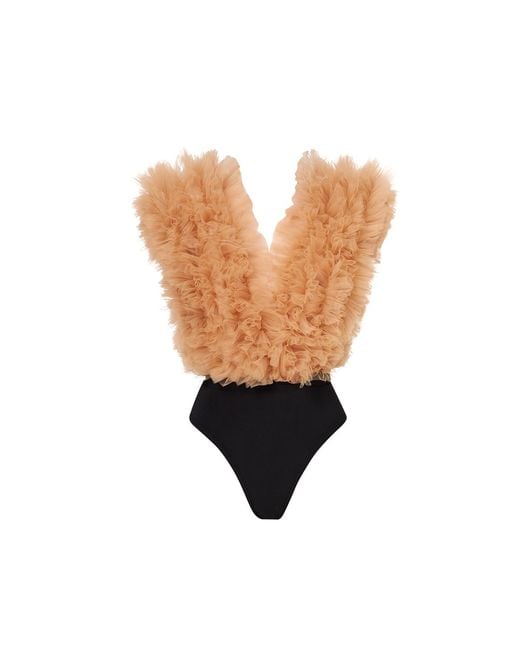 LIA ARAM Natural Neutrals Signature Ruffled Tulle Bodysuit