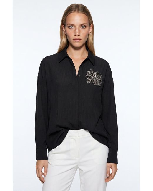 Exquise Black Collared Long Sleeve Embroidered Crinkle Shirt