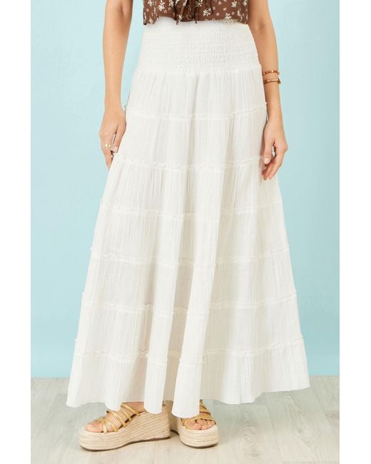Yumi' White Double Cotton Tiered Boho Maxi Skirt