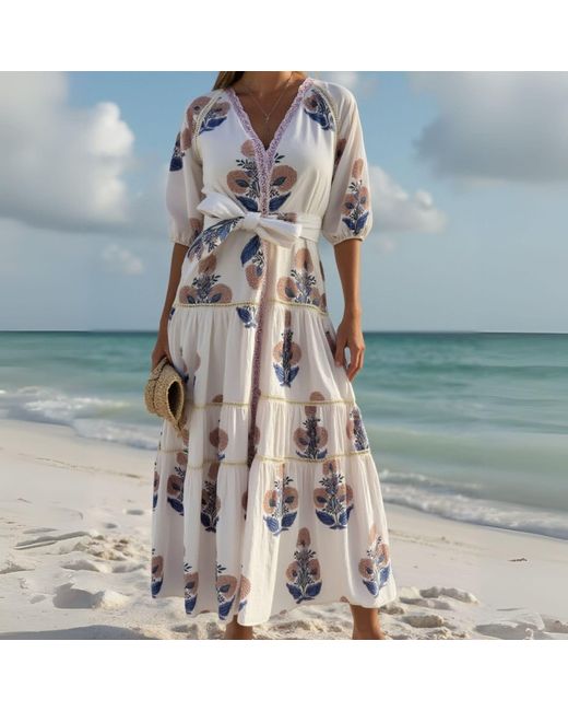 Pick Happy Blue Botanica Maxi Cotton Dress Floral Mocha