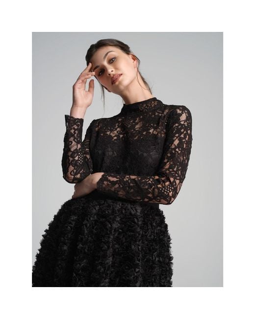 Rumour London Black Grazia Midi Dress With Lace Bodice And Ruffled-Tulle Skirt