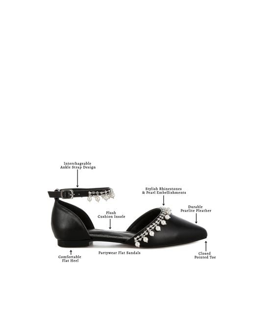 Rag & Co Black Aouva Rhinestone & Pearl Ankle Strap Flat Sandals