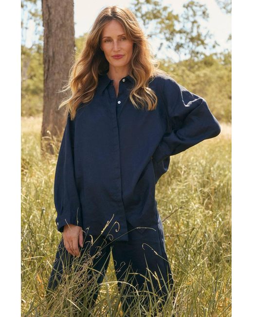 Adrift Clothing Blue Oversized Linen Boyfriend Shirt
