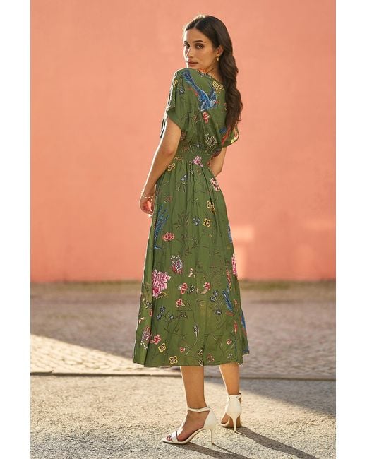 Yumi' Green Bird And Floral Print Ruched Waist Kimono Midi Dress