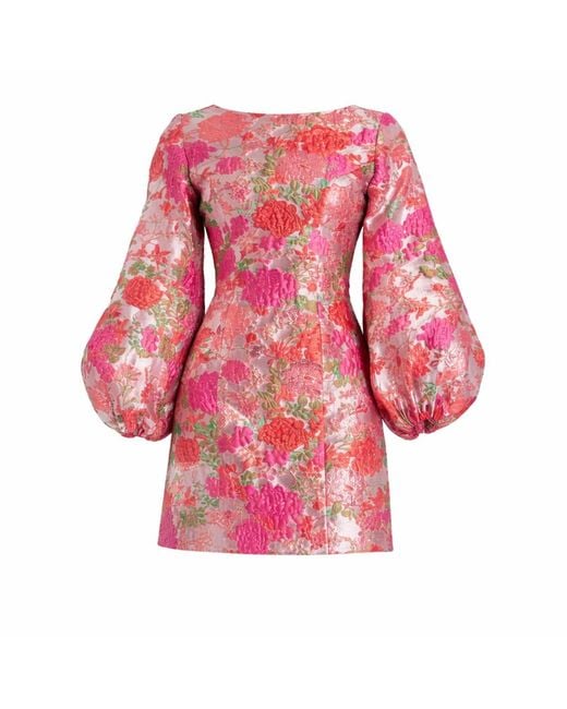 Mac Duggal Red Brocade Balloon Sleeve Fitted Mini Dress