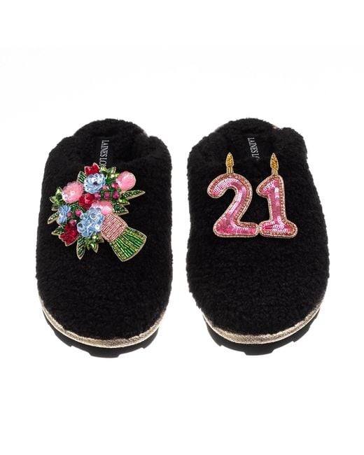 Laines London Black Teddy Closed Toe Slippers With 21St Birthday & Flowers Brooches