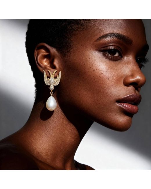 Silver & Elegant Co. Metallic Golden Bird Pearl Thick Plated Bronze Earrings