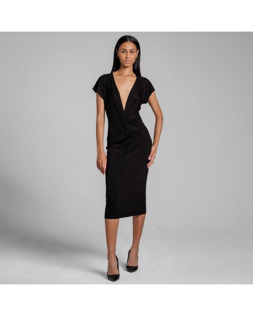 Imaatu Blue Masee Knot Front Extremely Deep V-Neck Sculpting Elastic Viscose Midi Dress
