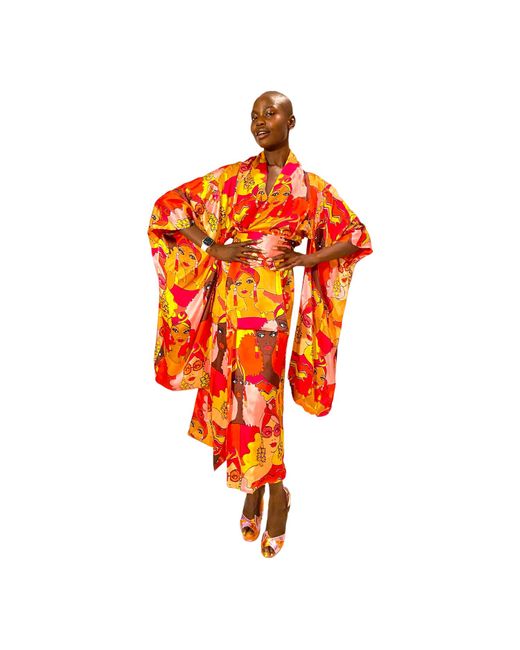 Julia Clancey Red Turbanista Queen Flame Reversible Silk & Linen Kimono