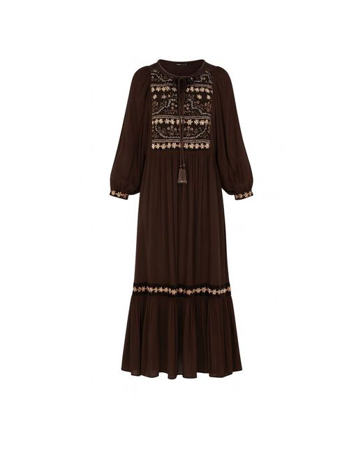 Rose & Nancy Brown Arianna Chocolate Velvet Embroidered Panel Maxi Dress