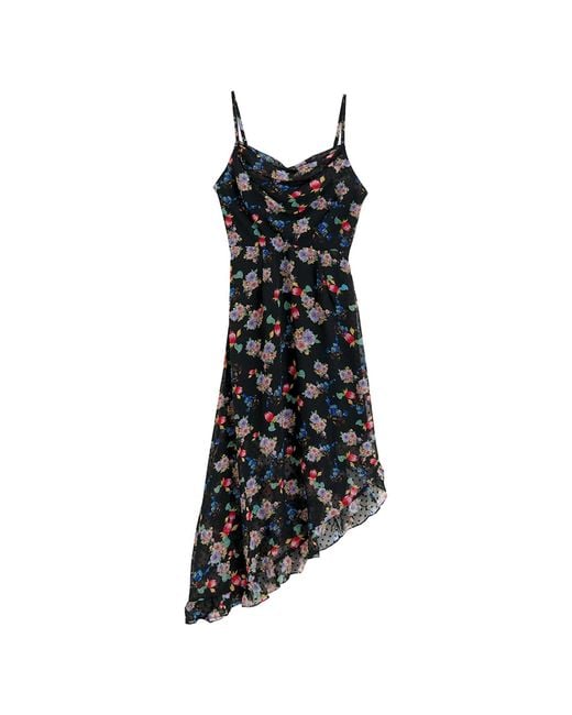 Louche Black Dina Carpathian Florals Print Asymmetric Strappy Midi Dress