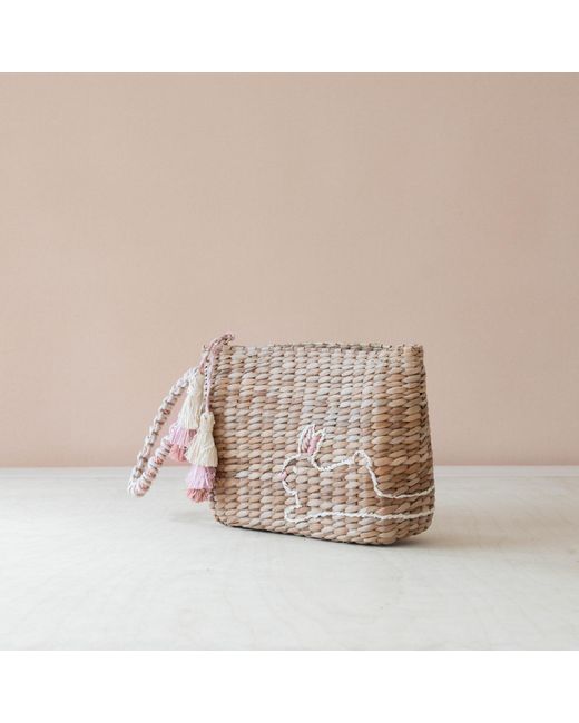 LIKHÂ Brown Neutrals Handwoven Seagrass Bunny Wristlet Pouch With Tassels