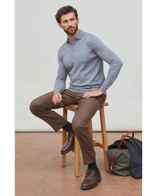 Paul James Knitwear Blue Extra Fine Merino Wool Turner Long Sleeve Polo Shirt for men