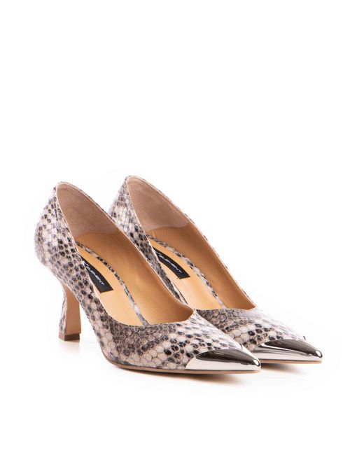 The 5Th Element Pink Neutrals Aven Snake Print Leather Pumps With Metal Tip